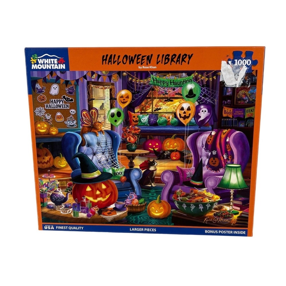 White Mountain Halloween Library 1000 Piece Puzzle Rose Khan COMPLETE